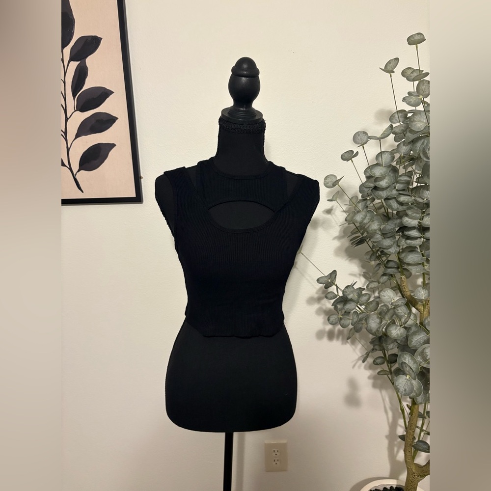 -SOLD-H&M Black Ribbed Crop Tank with Front Cutout